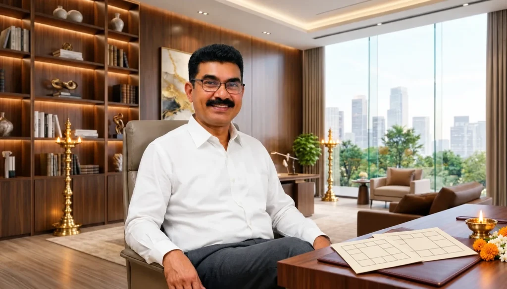 Astrologer Ravikumar in his consultation office with South Indian horoscope charts, brass lamps and flowers