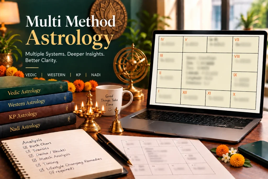 Multi-method astrology study with traditional brass lamp, horoscope charts and Indian flowers