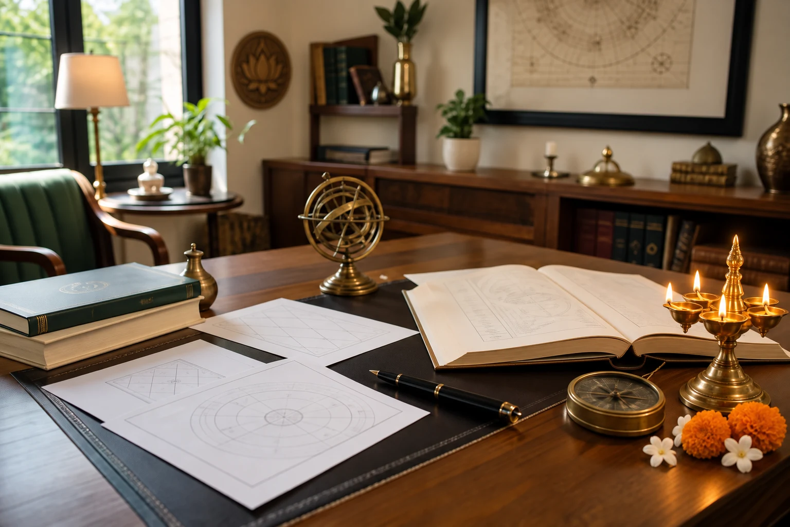 Multi-method astrology study with horoscope charts, brass diya, marigolds and jasmine