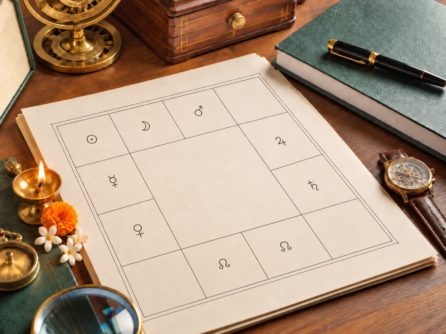 KP astrology study with a South Indian horoscope chart, brass diya, marigolds and jasmine