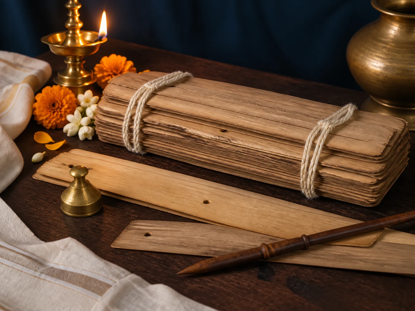 Nadi astrology palm-leaf manuscripts with a traditional brass diya, marigolds and jasmine