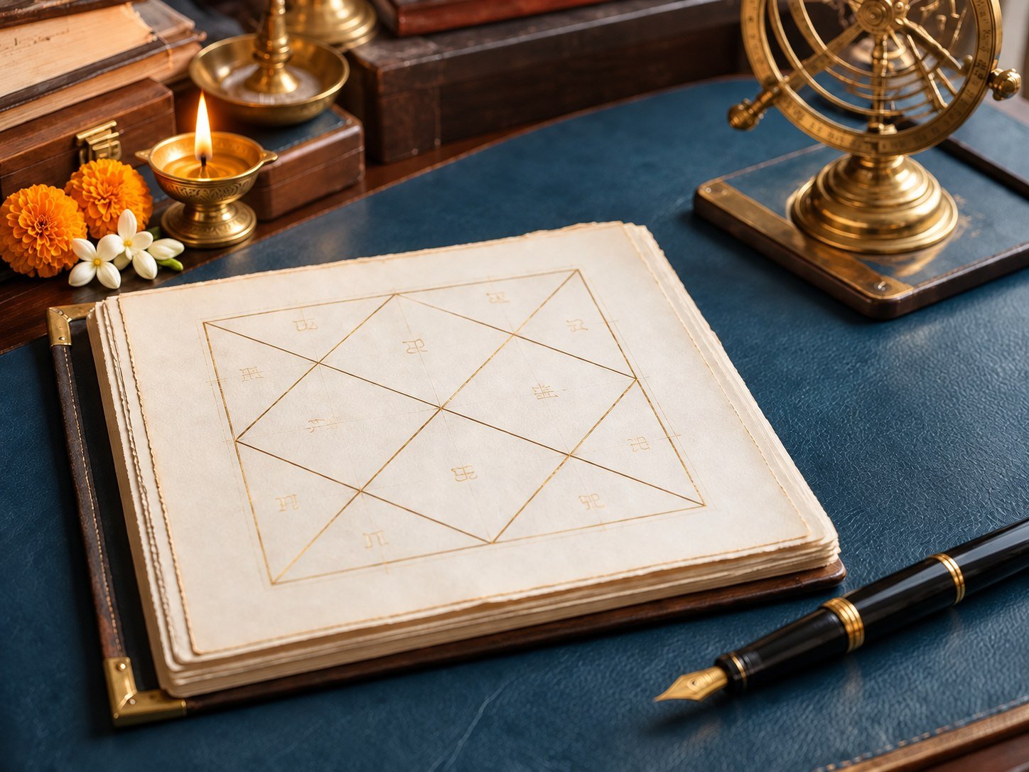 Bright Vedic astrology chart with a traditional brass diya, marigolds and jasmine