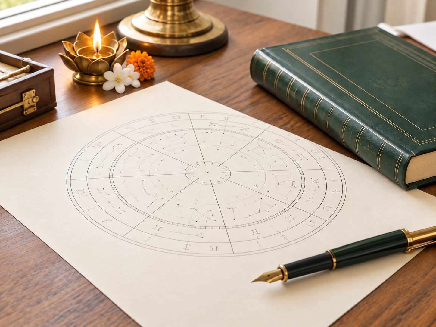 Bright Western natal chart with a brass lotus diya, reference book, marigold and white flower